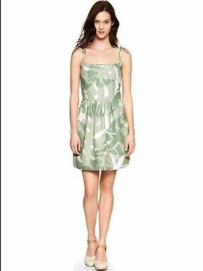 New 2P 2 PETITE Gap strappy linen blend Palm print mini fit-and-flare dress